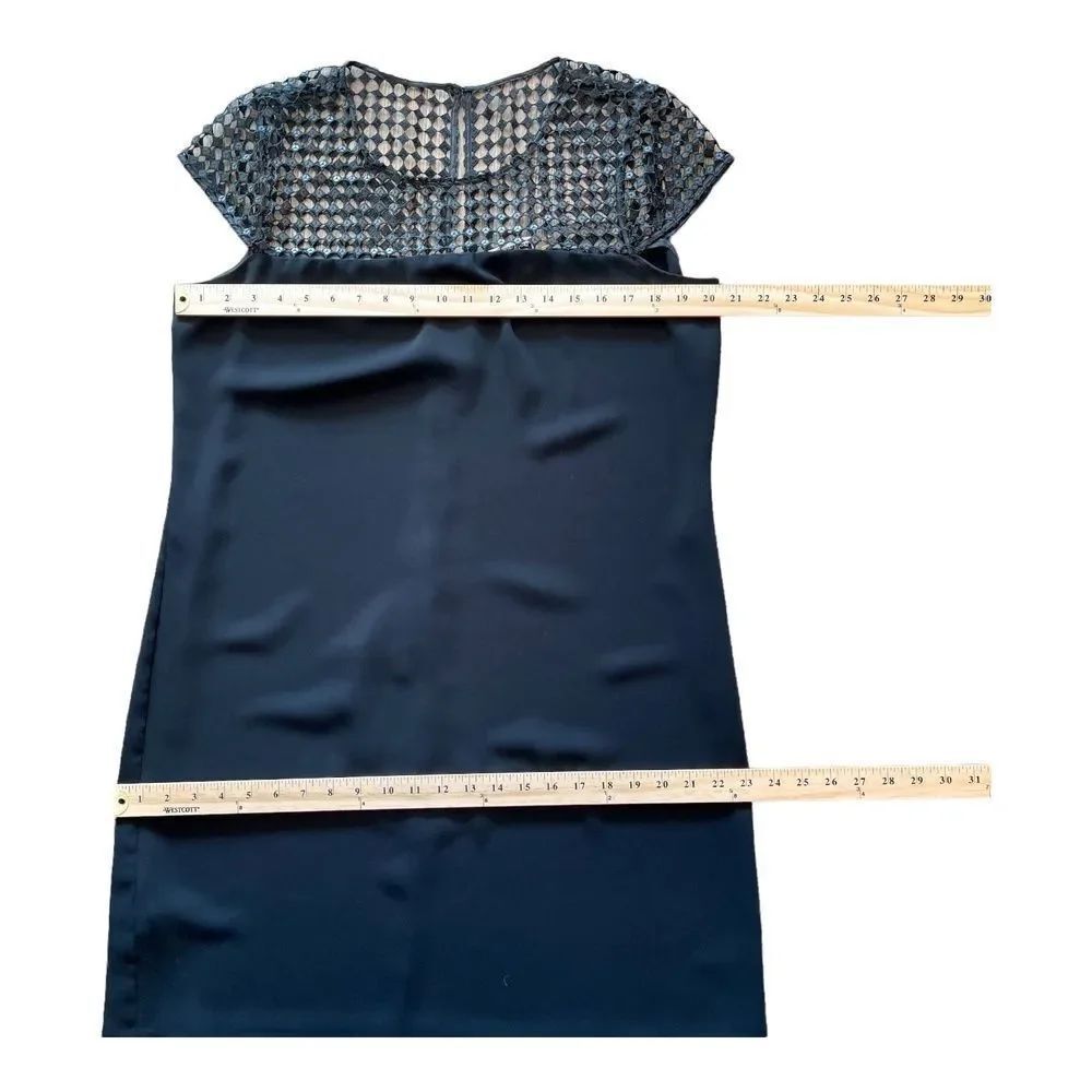Calvin Klein Black Sequin Crochet Mesh Shift Dress Cap Sleeve Cocktail Size 14 - Picture 8 of 11